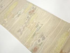 リサイクル　未使用品　姫野織物製　絽矢羽根に花々・松模様織出し袋帯（未仕立て）